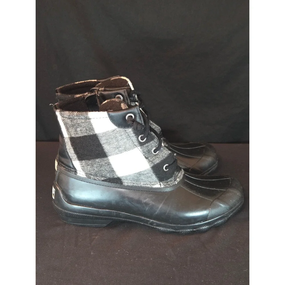 Sperry Saltwater Duck‎ Boots Women's Black Plaid Wool Waterproof Lace Up Ankle